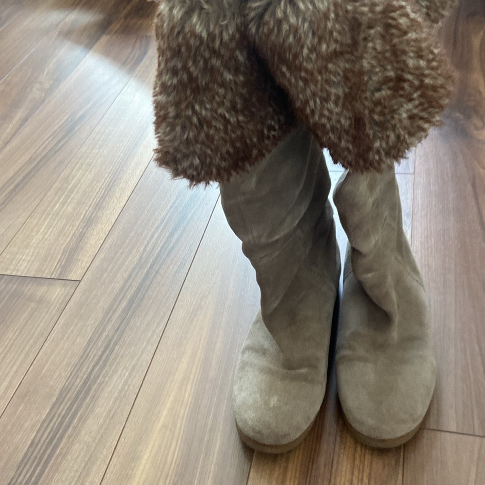 SAM EDELMAN Beige suede leather faux fur over the knee boots ORLANDO